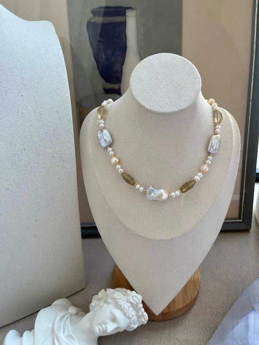 #PN1184 Freshwater Pearl Necklace Fishtail Baroque Lustrous Square Oval Citrine Faceted 47cm