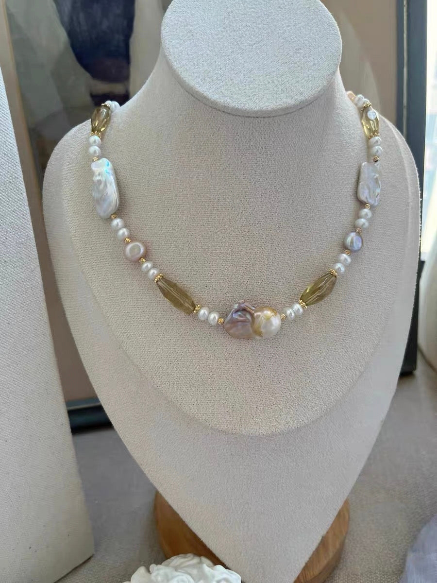 #PN1184 Freshwater Pearl Necklace Fishtail Baroque Lustrous Square Oval Citrine Faceted 47cm