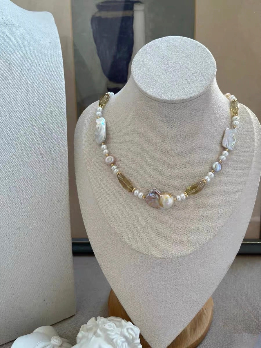 #PN1184 Freshwater Pearl Necklace Fishtail Baroque Lustrous Square Oval Citrine Faceted 47cm