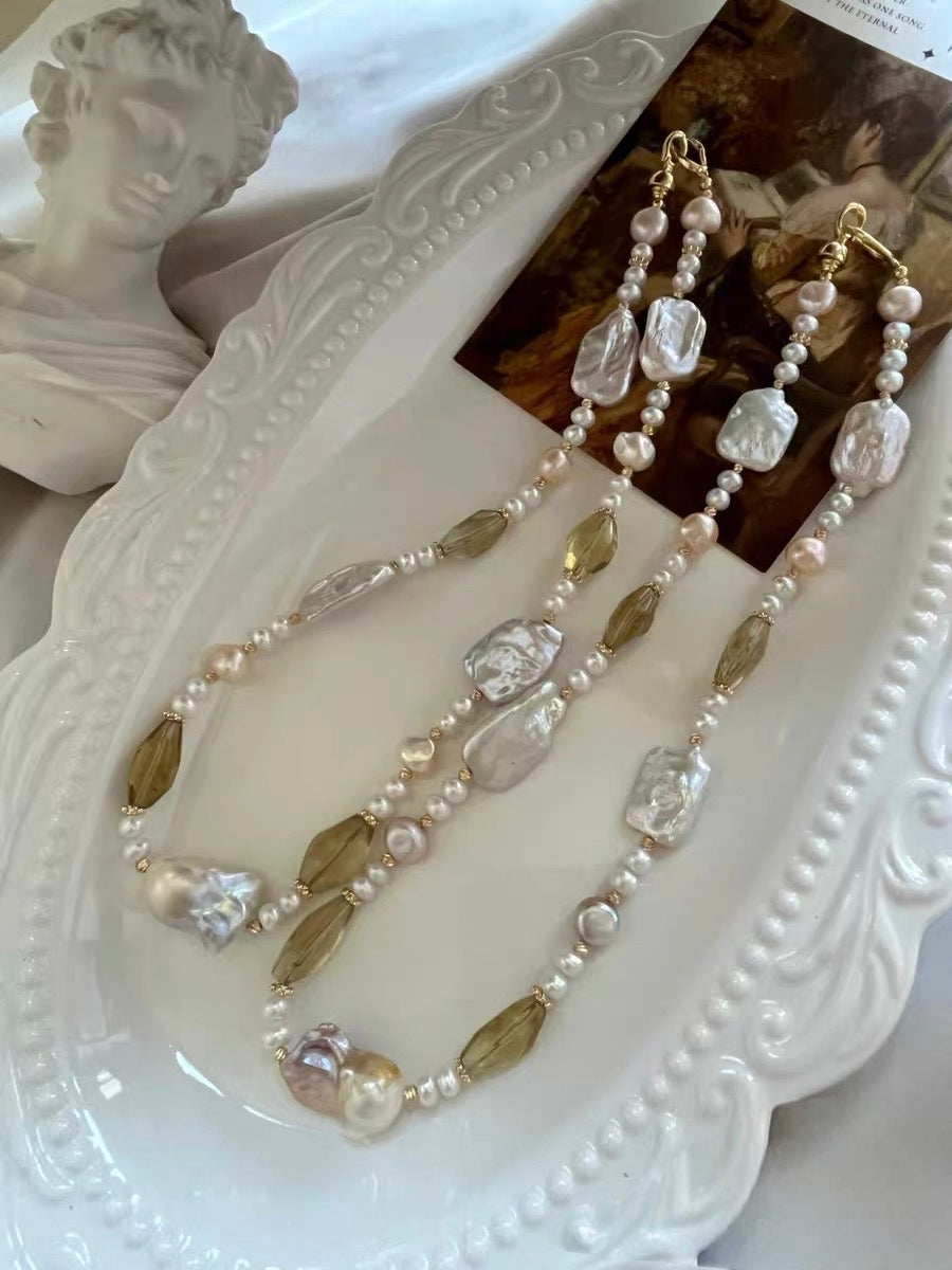 #PN1184 Freshwater Pearl Necklace Fishtail Baroque Lustrous Square Oval Citrine Faceted 47cm