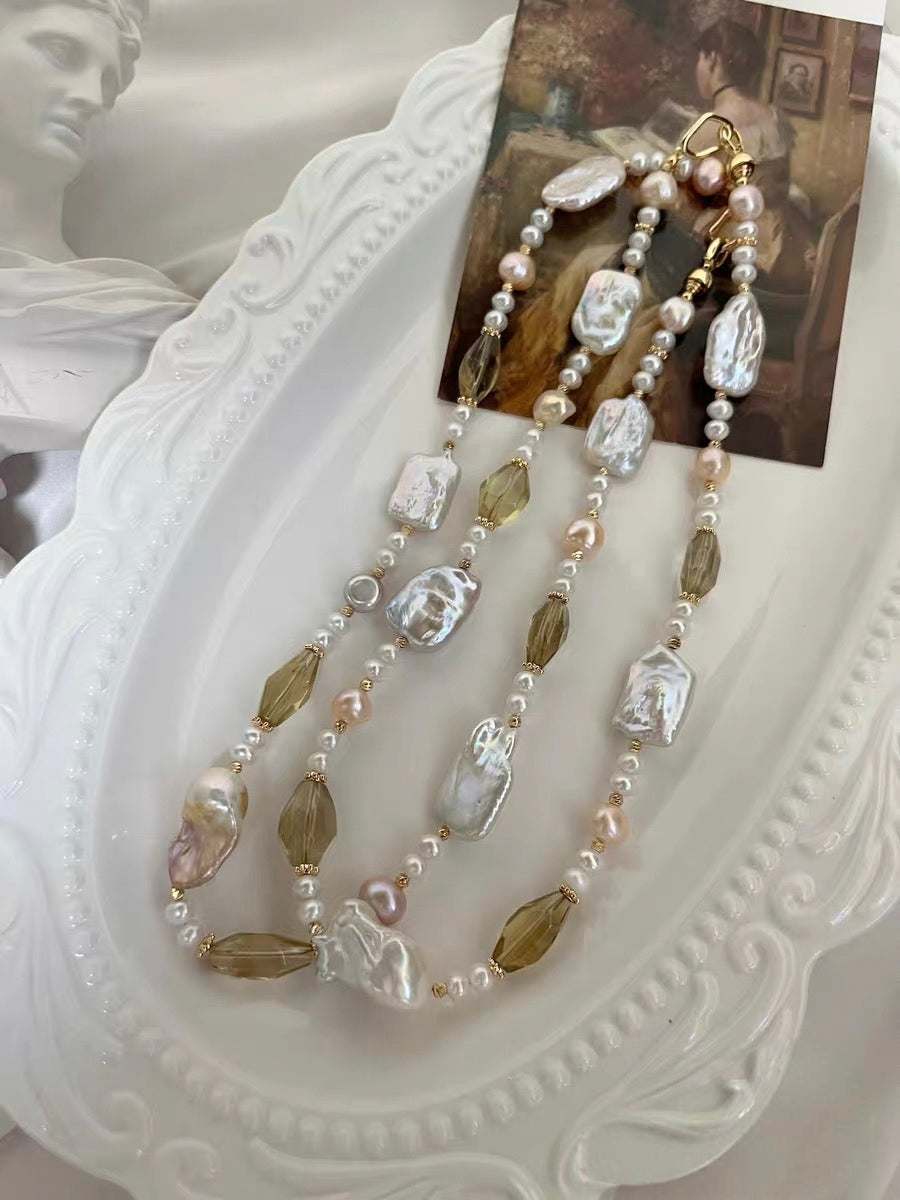 #PN1184 Freshwater Pearl Necklace Fishtail Baroque Lustrous Square Oval Citrine Faceted 47cm