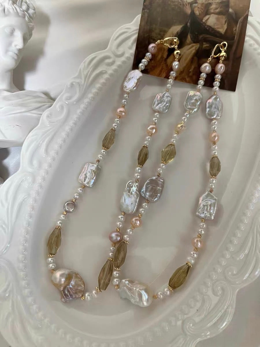 #PN1184 Freshwater Pearl Necklace Fishtail Baroque Lustrous Square Oval Citrine Faceted 47cm