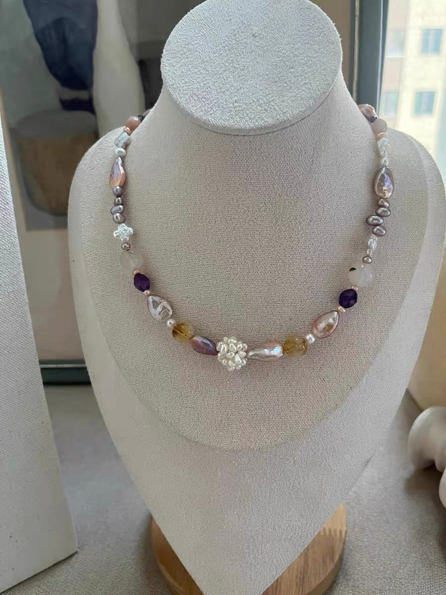 #PN1185 Freshwater Pearl Necklace Mermaid Tears Waterdrop Baroque Clover Pearl Pearl Flower Ball Citrine Agate Amethyst Faceted 43-44cm