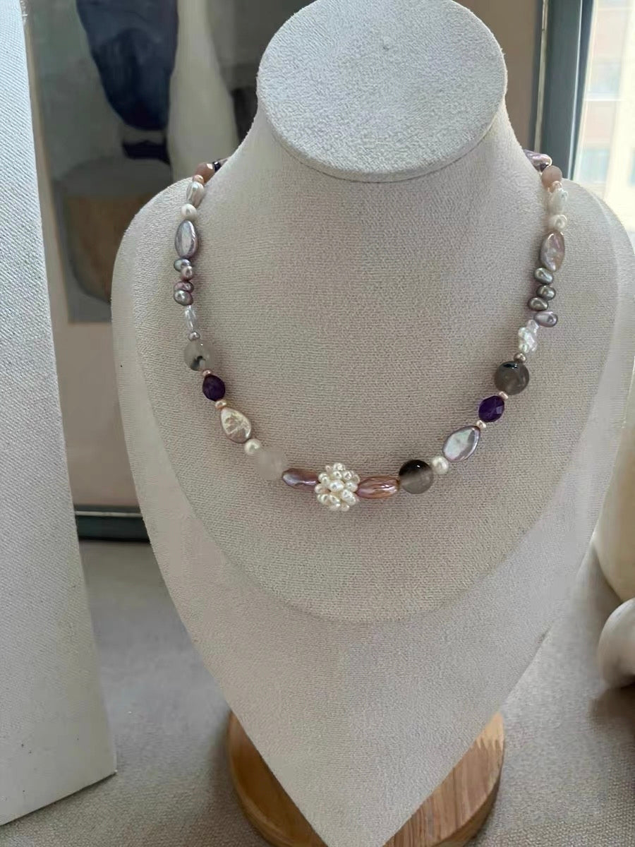 #PN1185 Freshwater Pearl Necklace Mermaid Tears Waterdrop Baroque Clover Pearl Pearl Flower Ball Citrine Agate Amethyst Faceted 43-44cm