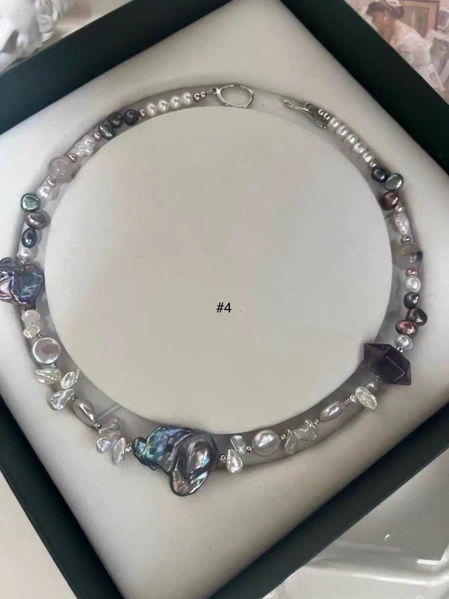 #PN1186 Freshwater Pearl Necklace Treated Black Colour Amethyst Freeform Agate Coin Petal Baroque