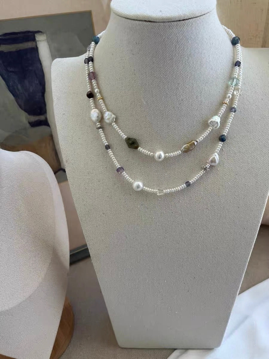 #PN1181 Freshwater Pearl Necklace| Aurora Layered Pearls|Irregular Silver Stone Baroque| Amethyst|Lustrous| Fluorite Kyanite Aquamarine