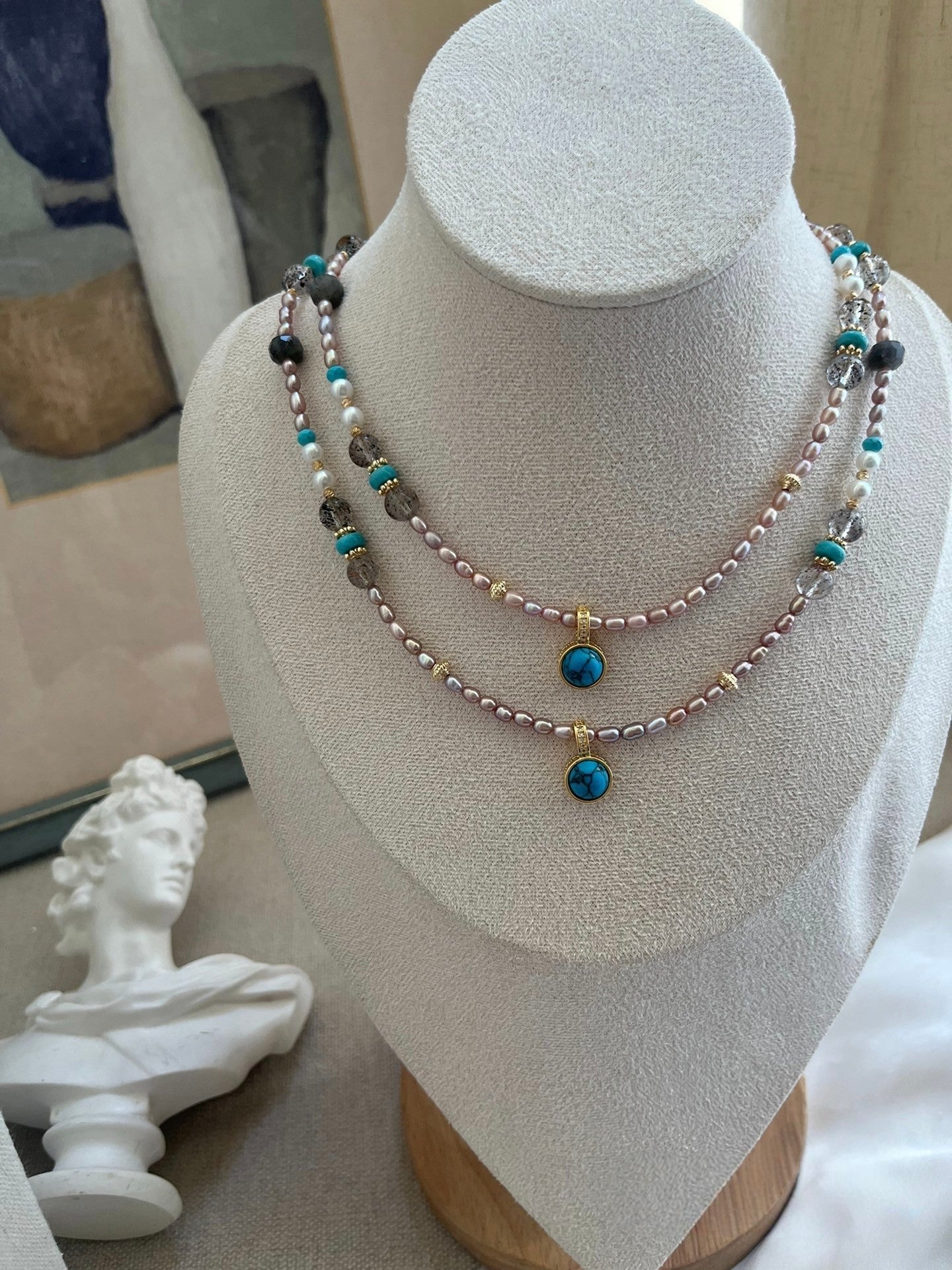 #PN1182 Freshwater Pearl Necklace| 3-4mm Purple Baby Pearl| Turquoise| Natural Stones| Herkimer Labradorite