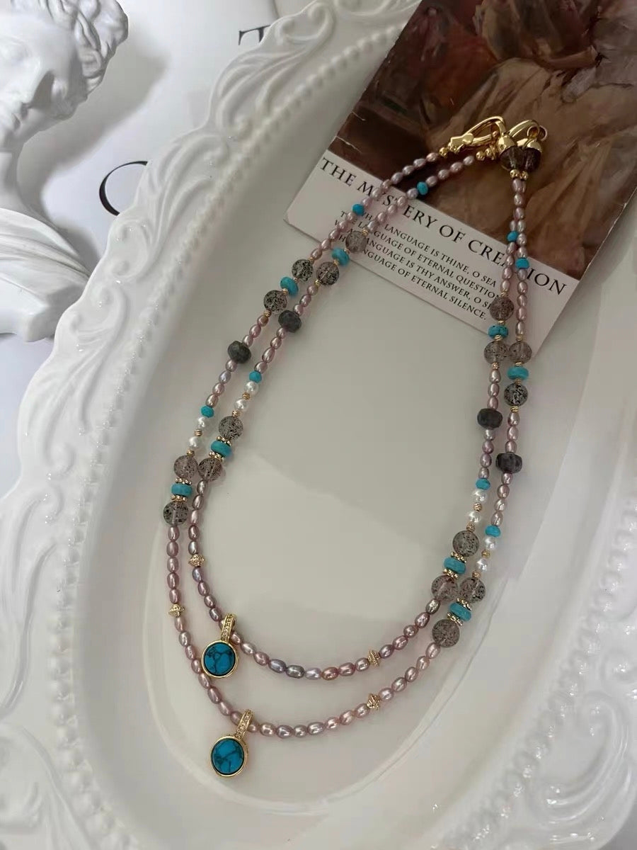 #PN1182 Freshwater Pearl Necklace| 3-4mm Purple Baby Pearl| Turquoise| Natural Stones| Herkimer Labradorite