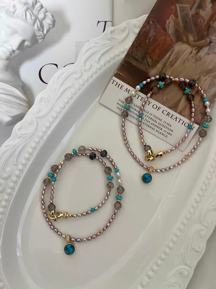 #PN1182 Freshwater Pearl Necklace| 3-4mm Purple Baby Pearl| Turquoise| Natural Stones| Herkimer Labradorite