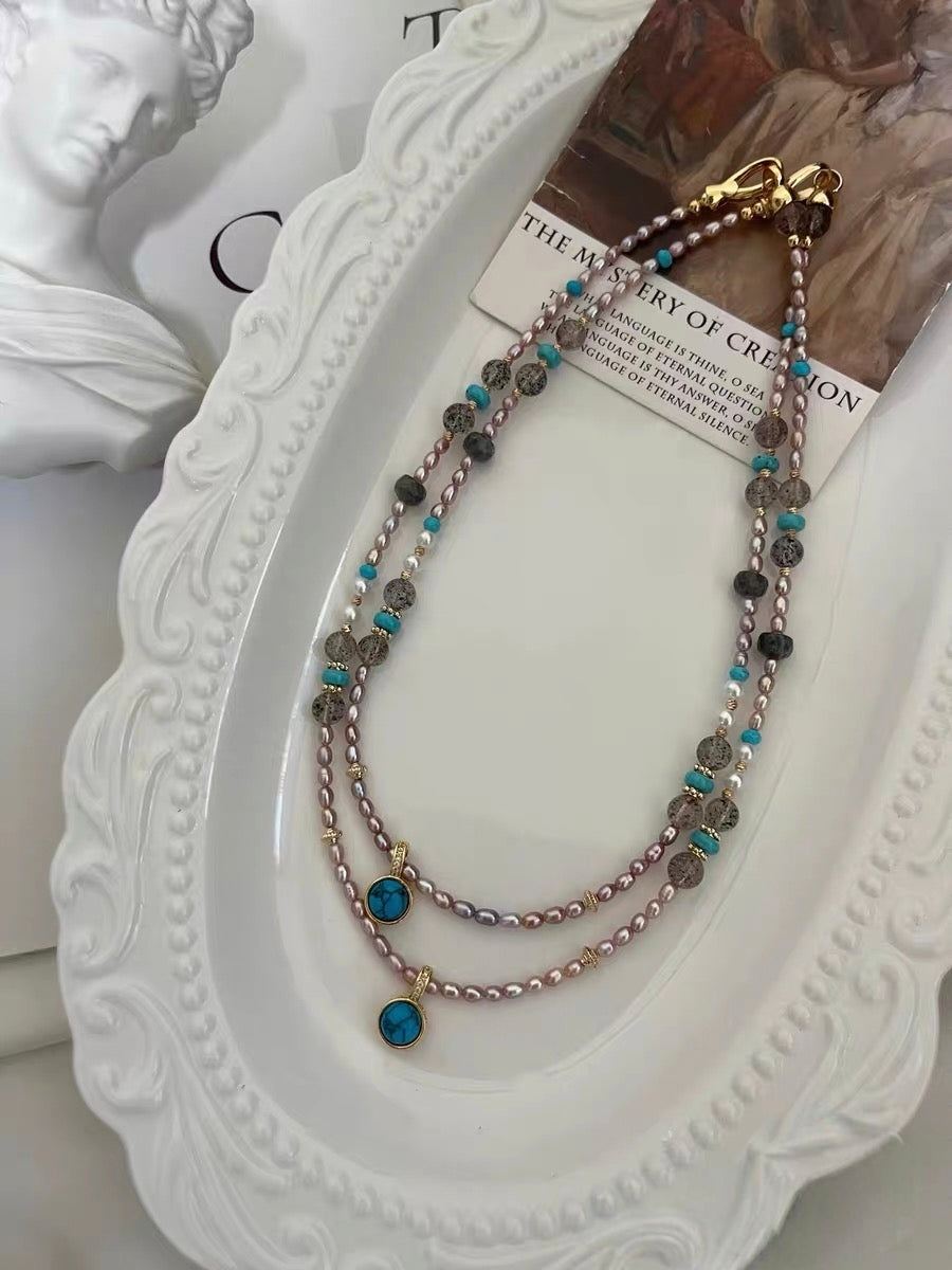 #PN1182 Freshwater Pearl Necklace| 3-4mm Purple Baby Pearl| Turquoise| Natural Stones| Herkimer Labradorite