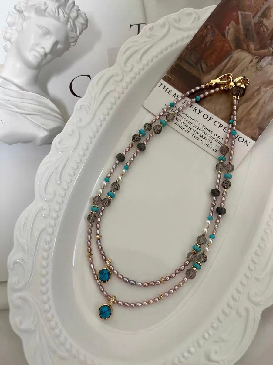 #PN1182 Freshwater Pearl Necklace| 3-4mm Purple Baby Pearl| Turquoise| Natural Stones| Herkimer Labradorite