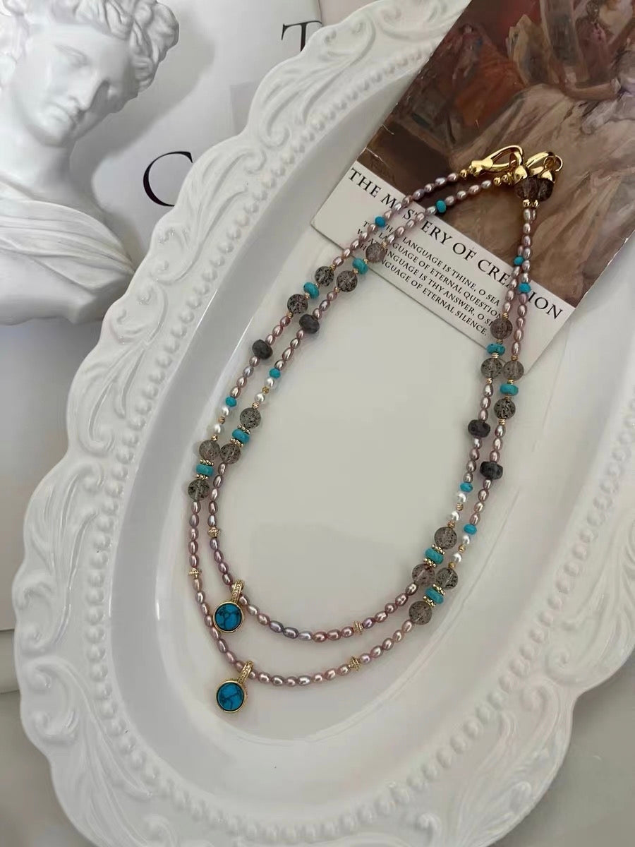 #PN1182 Freshwater Pearl Necklace| 3-4mm Purple Baby Pearl| Turquoise| Natural Stones| Herkimer Labradorite