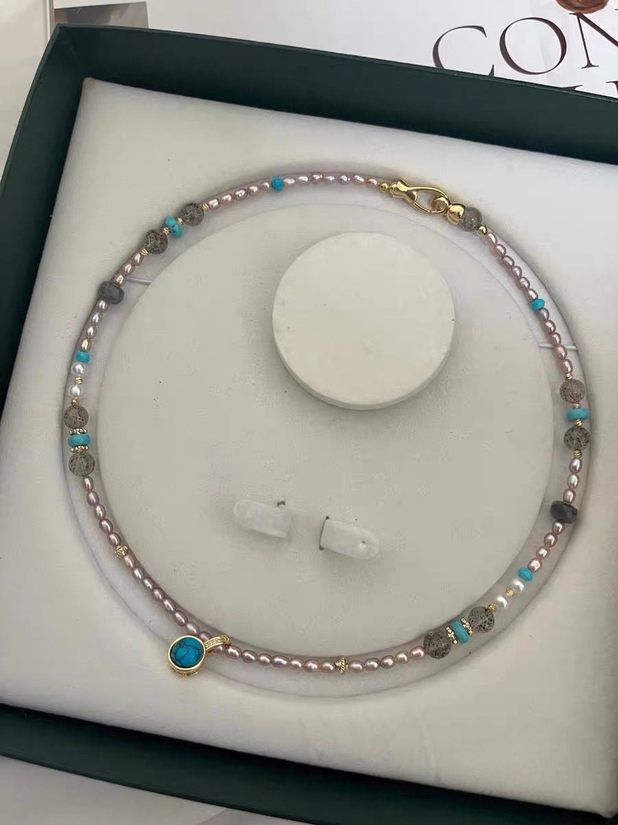 #PN1182 Freshwater Pearl Necklace| 3-4mm Purple Baby Pearl| Turquoise| Natural Stones| Herkimer Labradorite