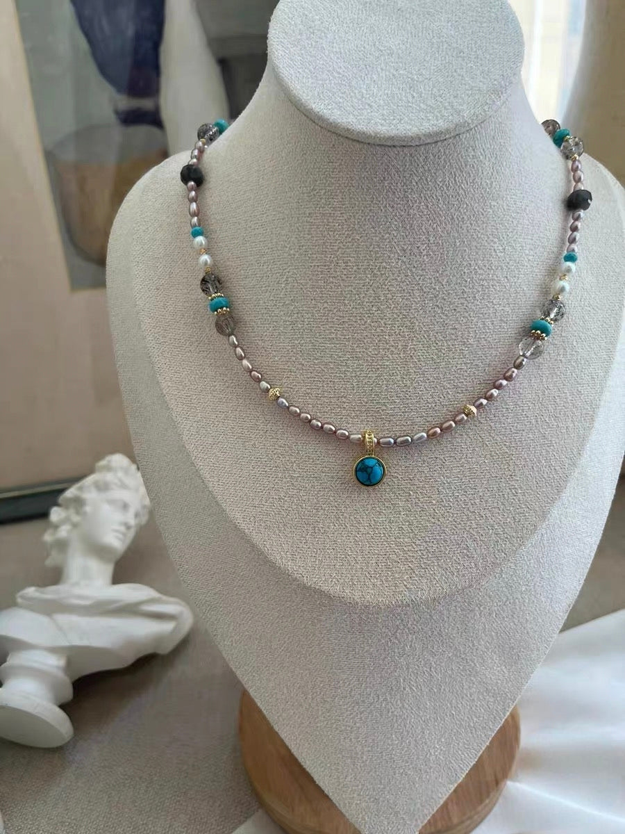 #PN1182 Freshwater Pearl Necklace| 3-4mm Purple Baby Pearl| Turquoise| Natural Stones| Herkimer Labradorite