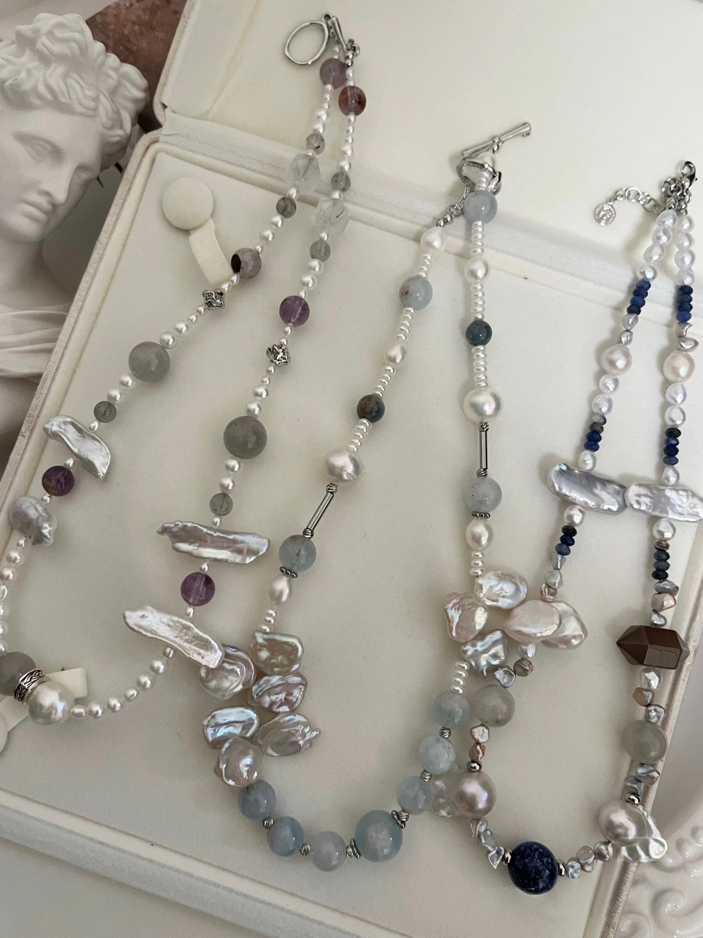 #PN1183 Freshwater Pearl Necklace Blue Grey Silver Petal Baroque Small Fishtail Baroque Aquamarine Grey Moonstone Super 7 Lapis Lazuli Kyanite