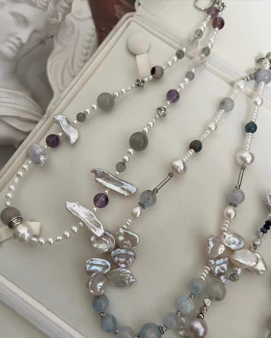 #PN1183 Freshwater Pearl Necklace Blue Grey Silver Petal Baroque Small Fishtail Baroque Aquamarine Grey Moonstone Super 7 Lapis Lazuli Kyanite