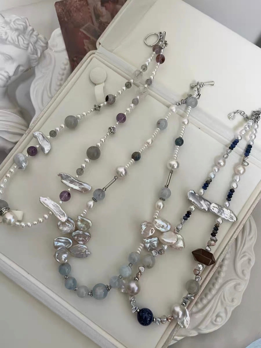 #PN1183 Freshwater Pearl Necklace Blue Grey Silver Petal Baroque Small Fishtail Baroque Aquamarine Grey Moonstone Super 7 Lapis Lazuli Kyanite