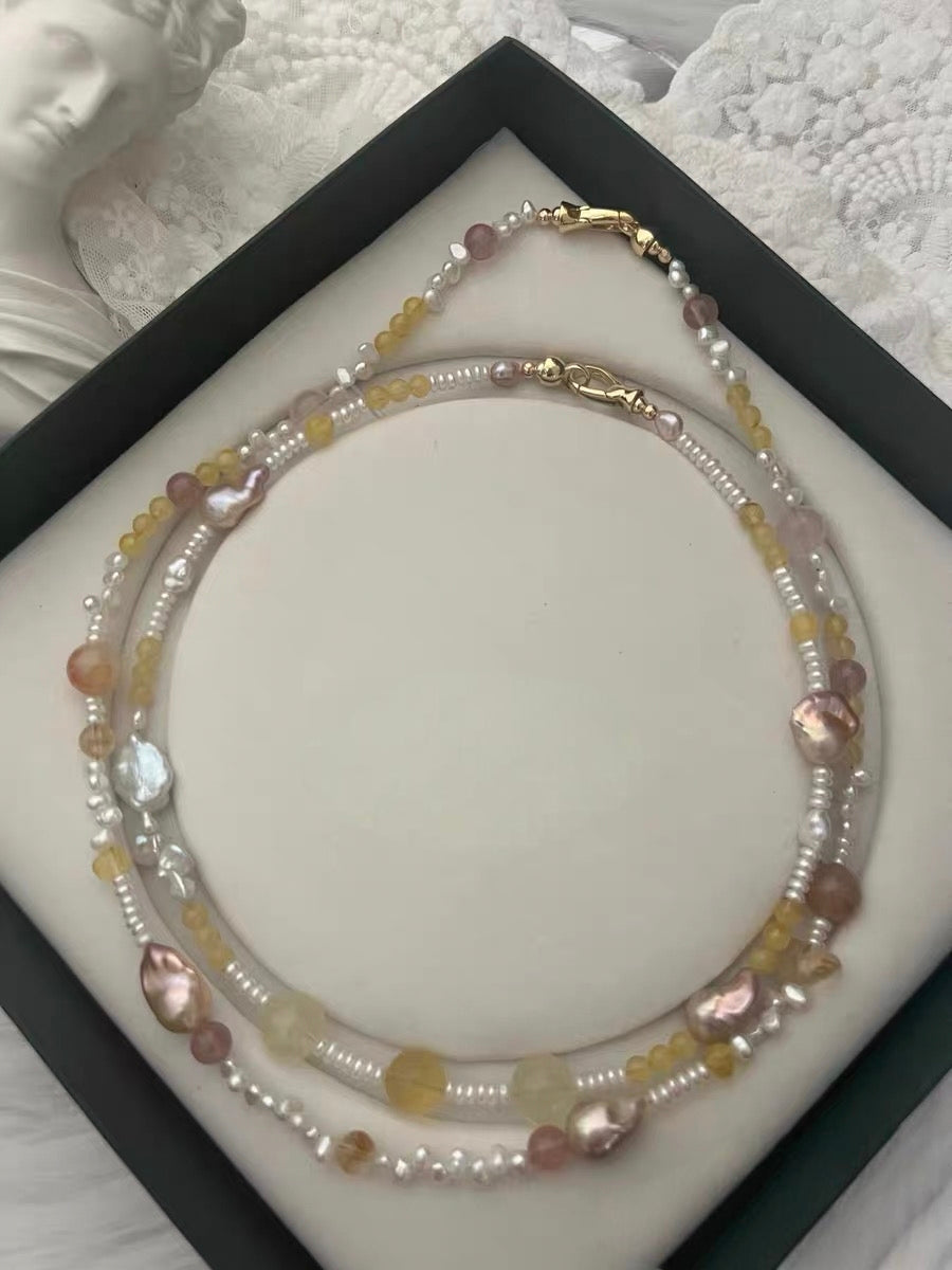 #PN1180 Freshwater Pearl Necklace| Fishtail Small Baroque| 2-8 Holed  Pearl Stone| Beeswax| Natural Stones| Fire Quartz| Rose Quartz| Citrine| Strawberry Quartz