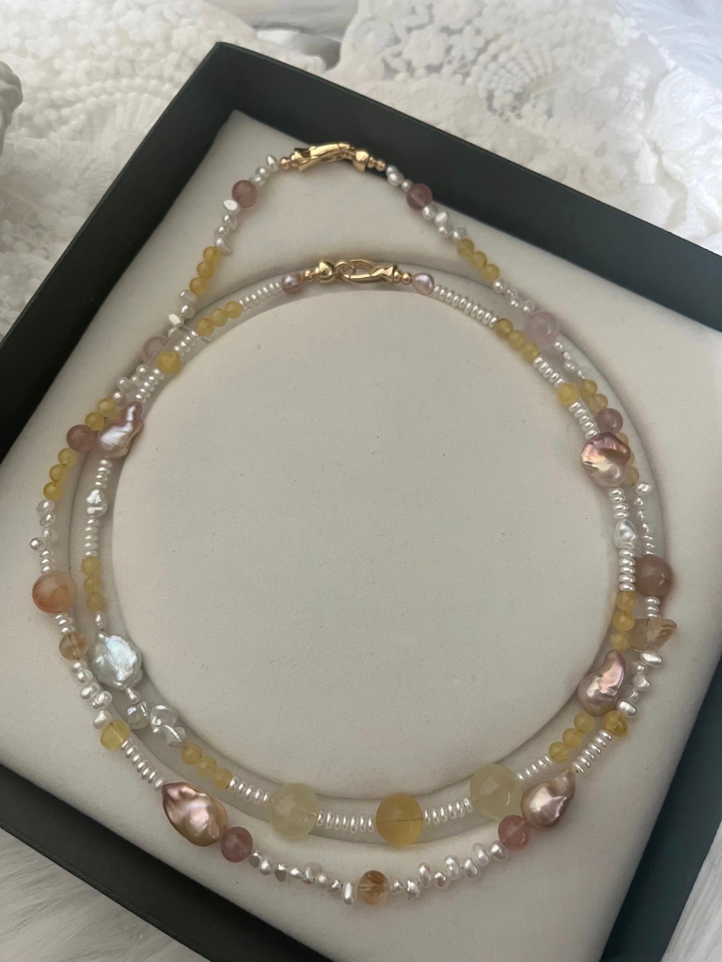 #PN1180 Freshwater Pearl Necklace| Fishtail Small Baroque| 2-8 Holed  Pearl Stone| Beeswax| Natural Stones| Fire Quartz| Rose Quartz| Citrine| Strawberry Quartz