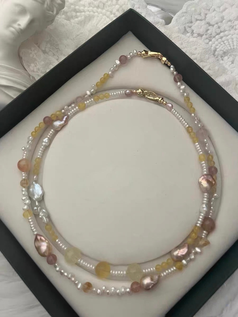 #PN1180 Freshwater Pearl Necklace| Fishtail Small Baroque| 2-8 Holed  Pearl Stone| Beeswax| Natural Stones| Fire Quartz| Rose Quartz| Citrine| Strawberry Quartz