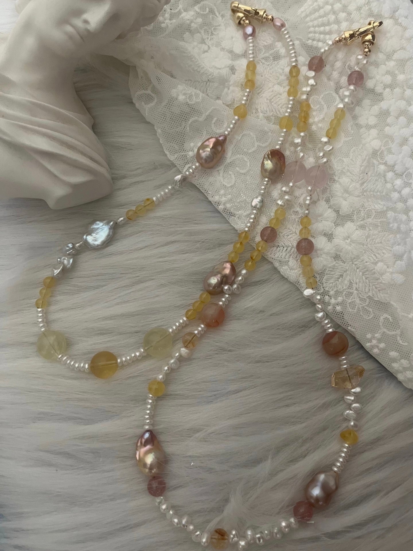 #PN1180 Freshwater Pearl Necklace| Fishtail Small Baroque| 2-8 Holed  Pearl Stone| Beeswax| Natural Stones| Fire Quartz| Rose Quartz| Citrine| Strawberry Quartz