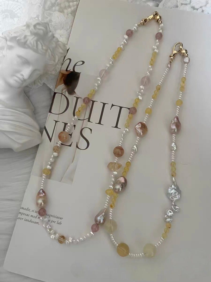 #PN1180 Freshwater Pearl Necklace| Fishtail Small Baroque| 2-8 Holed  Pearl Stone| Beeswax| Natural Stones| Fire Quartz| Rose Quartz| Citrine| Strawberry Quartz