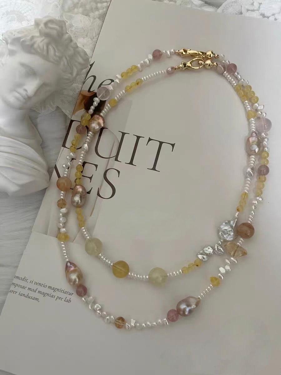 #PN1180 Freshwater Pearl Necklace| Fishtail Small Baroque| 2-8 Holed  Pearl Stone| Beeswax| Natural Stones| Fire Quartz| Rose Quartz| Citrine| Strawberry Quartz
