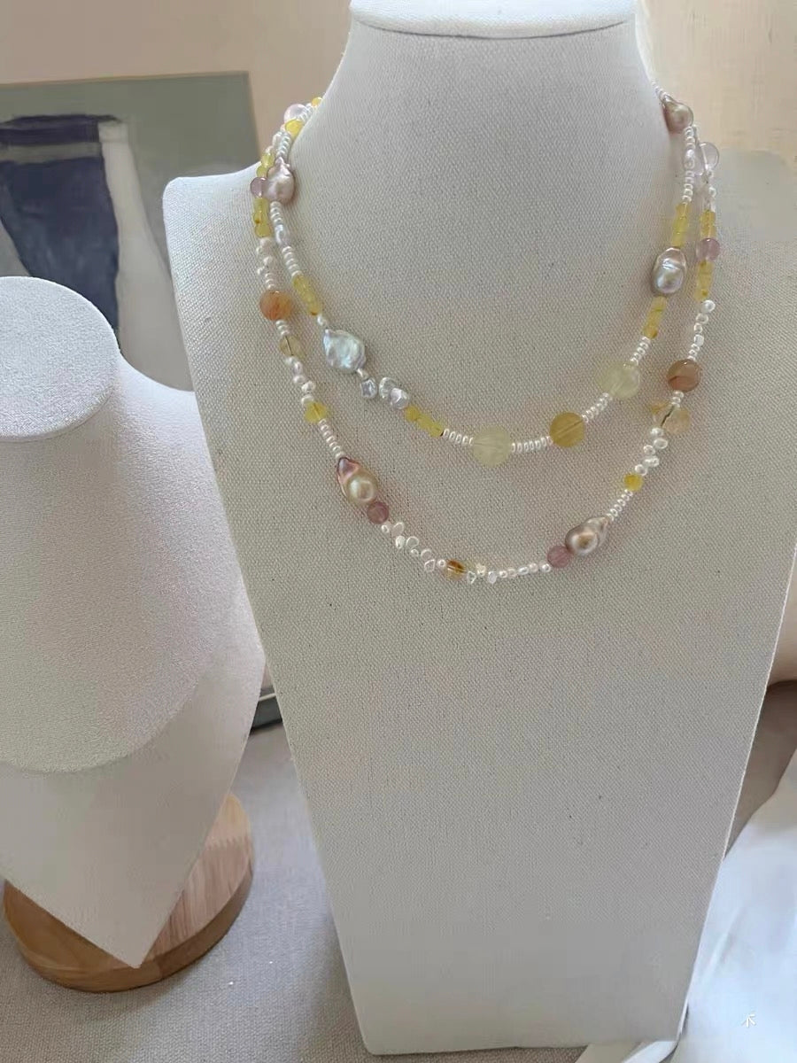 #PN1180 Freshwater Pearl Necklace| Fishtail Small Baroque| 2-8 Holed  Pearl Stone| Beeswax| Natural Stones| Fire Quartz| Rose Quartz| Citrine| Strawberry Quartz