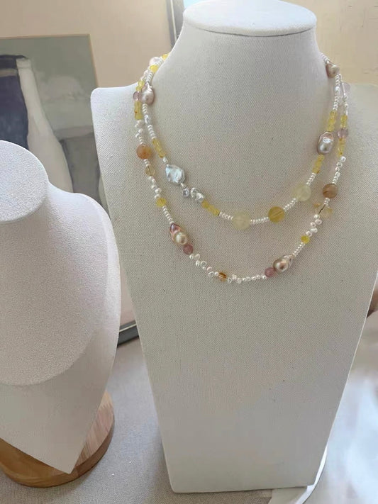 #PN1180 Freshwater Pearl Necklace| Fishtail Small Baroque| 2-8 Holed  Pearl Stone| Beeswax| Natural Stones| Fire Quartz| Rose Quartz| Citrine| Strawberry Quartz