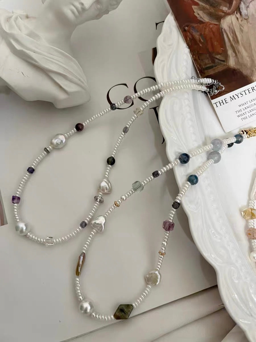 #PN1181 Freshwater Pearl Necklace| Aurora Layered Pearls|Irregular Silver Stone Baroque| Amethyst|Lustrous| Fluorite Kyanite Aquamarine