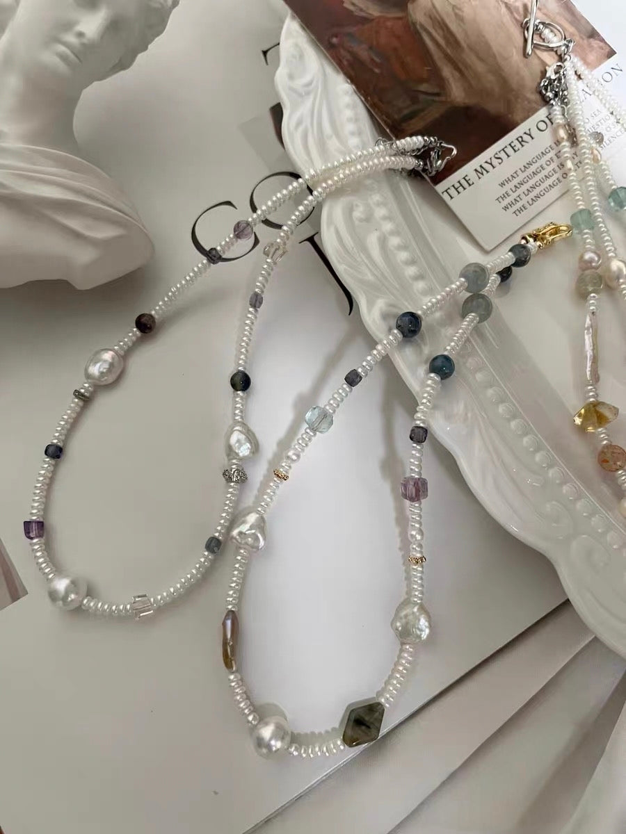 #PN1181 Freshwater Pearl Necklace| Aurora Layered Pearls|Irregular Silver Stone Baroque| Amethyst|Lustrous| Fluorite Kyanite Aquamarine