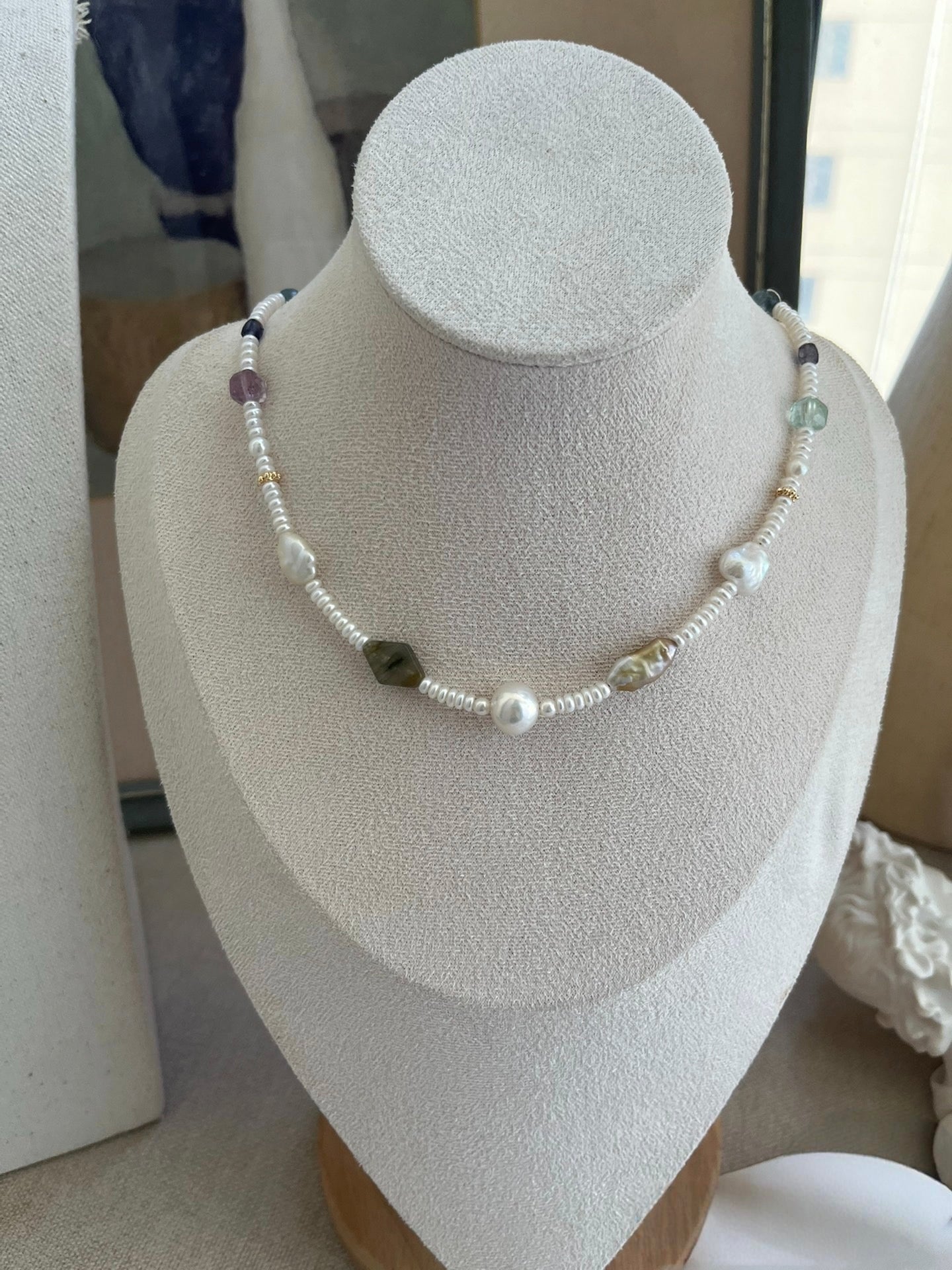 #PN1181 Freshwater Pearl Necklace| Aurora Layered Pearls|Irregular Silver Stone Baroque| Amethyst|Lustrous| Fluorite Kyanite Aquamarine