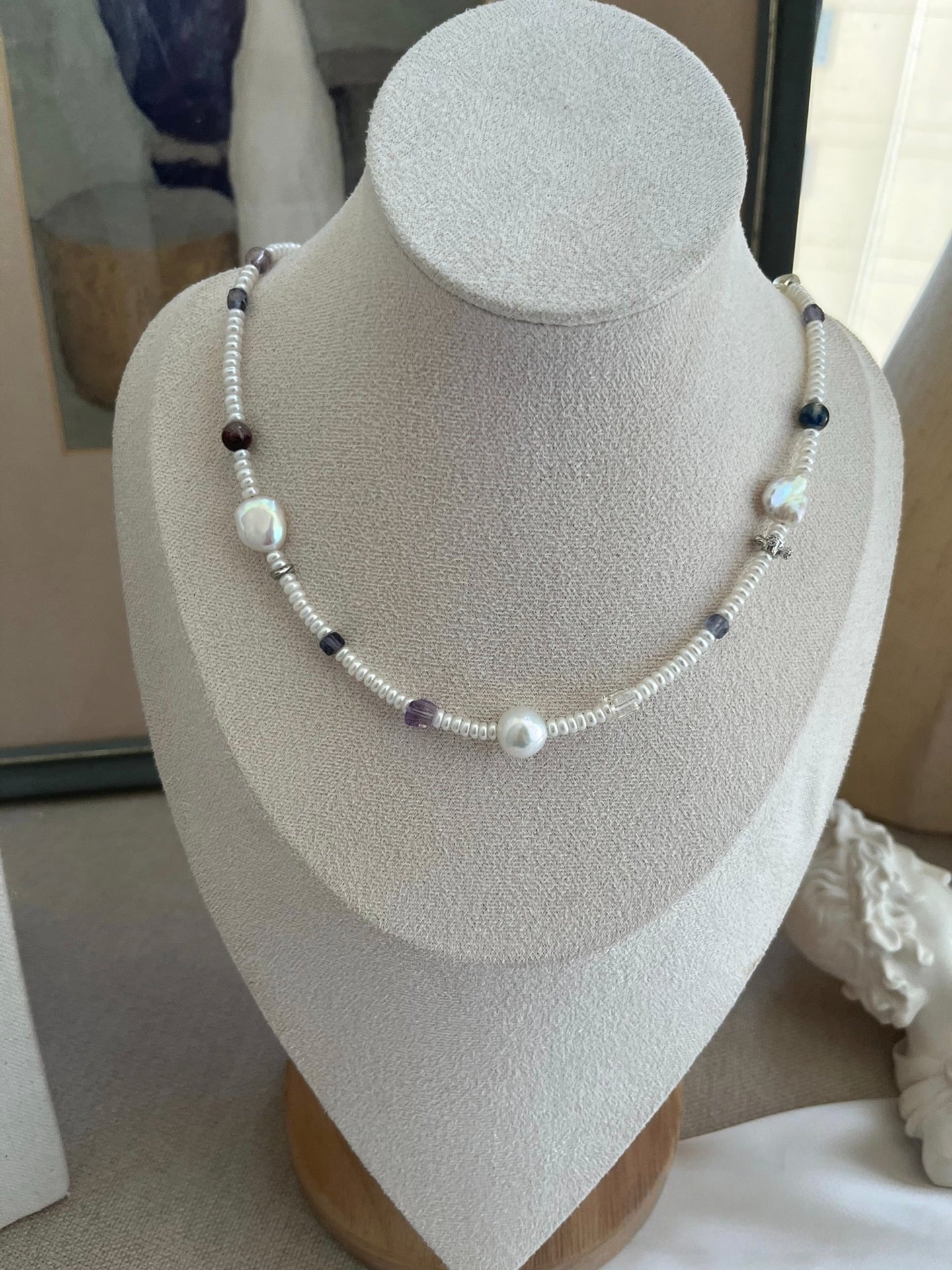 #PN1181 Freshwater Pearl Necklace| Aurora Layered Pearls|Irregular Silver Stone Baroque| Amethyst|Lustrous| Fluorite Kyanite Aquamarine