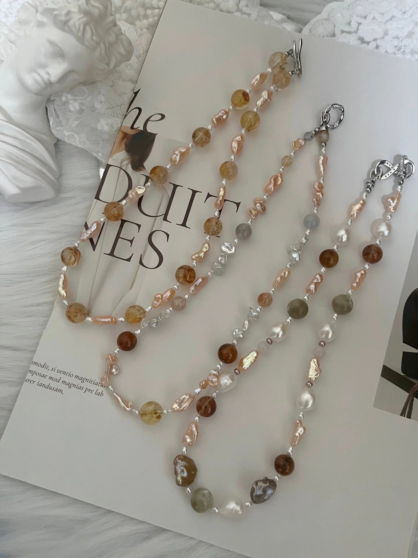 #PN1179 Freshwater Pearl Necklace| Champagne Silver Stone Baroque Pearl & Crystal| Fire Quartz Citrine Aquamarine