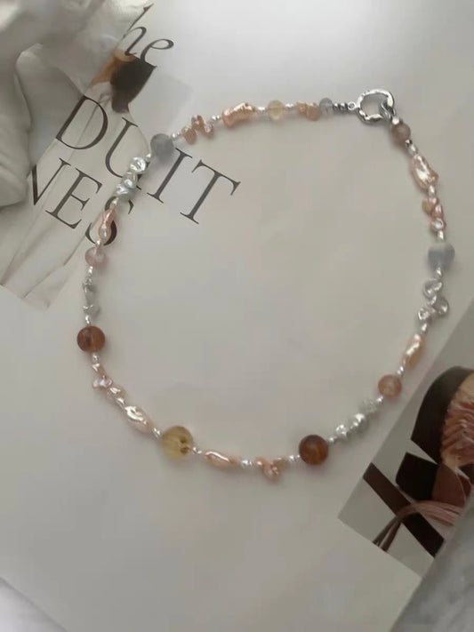 #PN1179 Freshwater Pearl Necklace| Champagne Silver Stone Baroque Pearl & Crystal| Fire Quartz Citrine Aquamarine