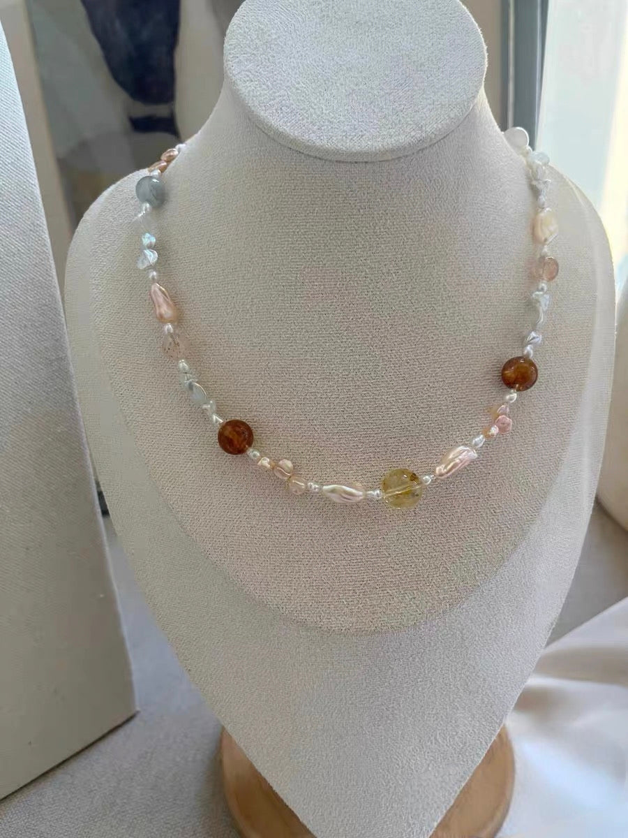 #PN1179 Freshwater Pearl Necklace| Champagne Silver Stone Baroque Pearl & Crystal| Fire Quartz Citrine Aquamarine