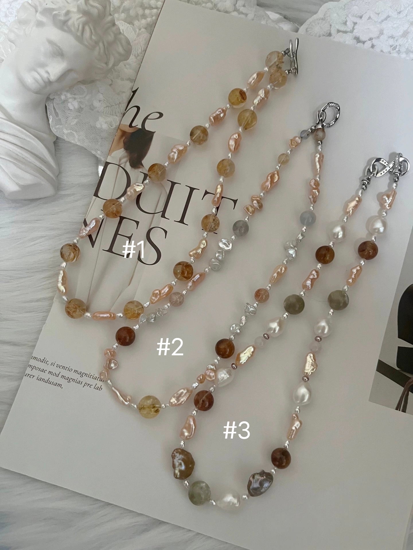 #PN1179 Freshwater Pearl Necklace| Champagne Silver Stone Baroque Pearl & Crystal| Fire Quartz Citrine Aquamarine