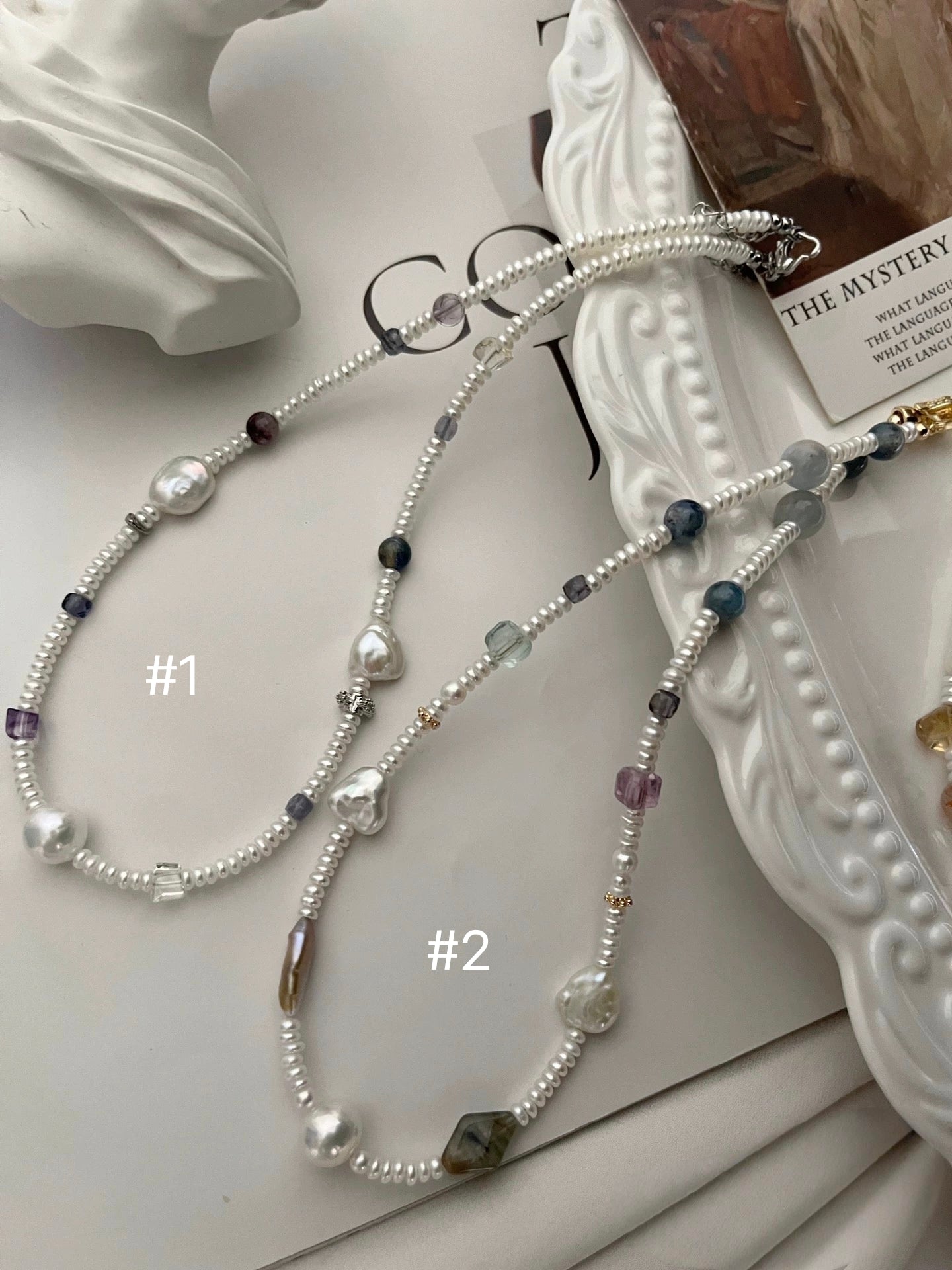 #PN1181 Freshwater Pearl Necklace| Aurora Layered Pearls|Irregular Silver Stone Baroque| Amethyst|Lustrous| Fluorite Kyanite Aquamarine