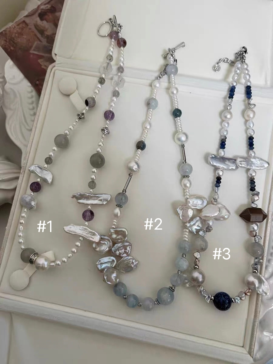 #PN1183 Freshwater Pearl Necklace Blue Grey Silver Petal Baroque Small Fishtail Baroque Aquamarine Grey Moonstone Super 7 Lapis Lazuli Kyanite