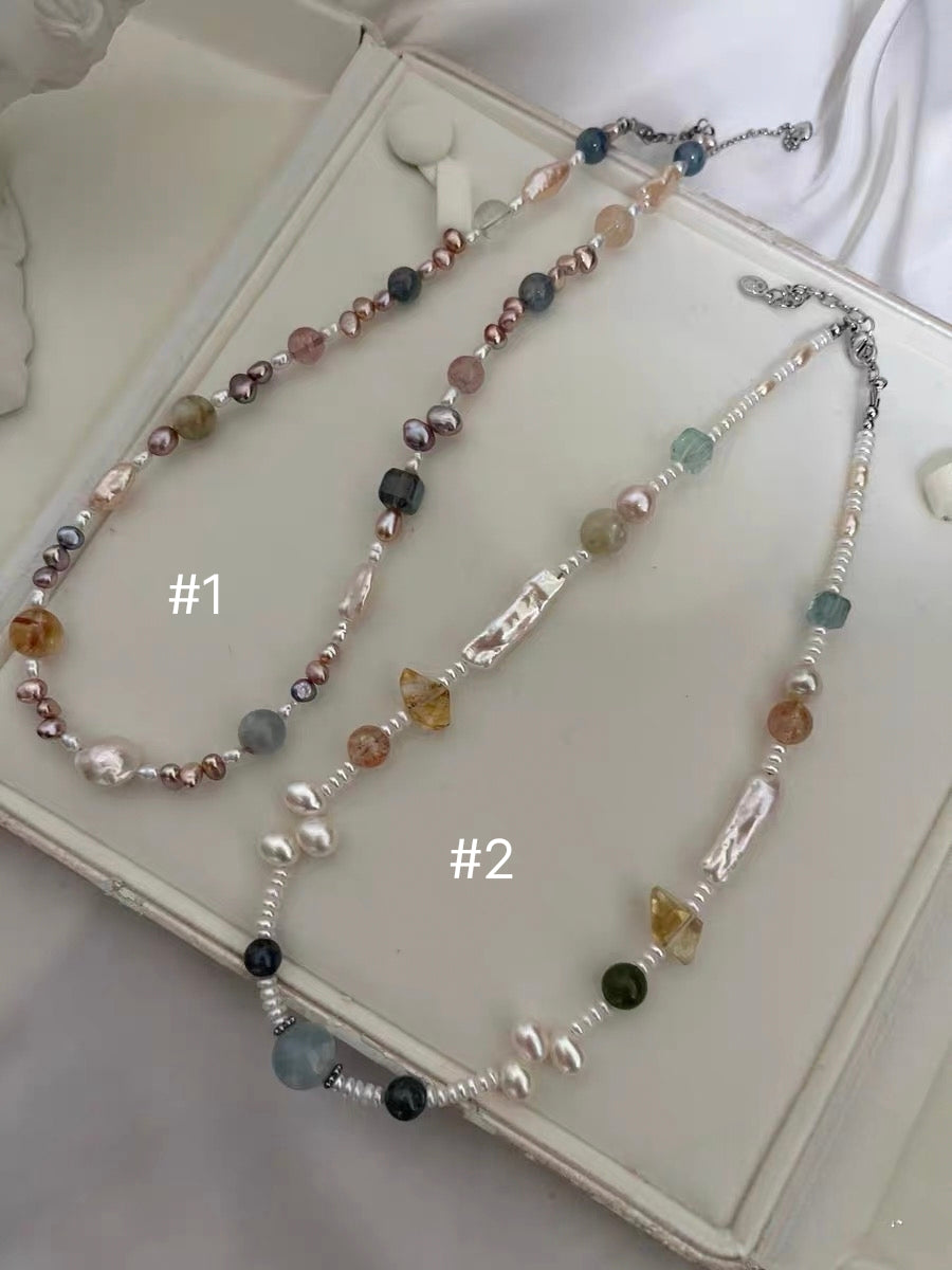 #PN1188 Freshwater Pearl Necklace Aquarium Baby Pearl Lace Design Kyanite Citrine Freeform Labradorite Cube Green Mica Fluorite
