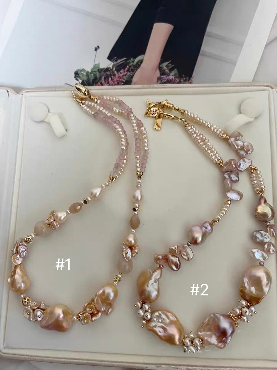#PN1190 [Floral Series] Freshwater Pearl Necklace Double Layer Rose Quartz Lustrous Fishtail Baroque Champagne Gold Pink Purple Heart Clasp Butterfly Clasp