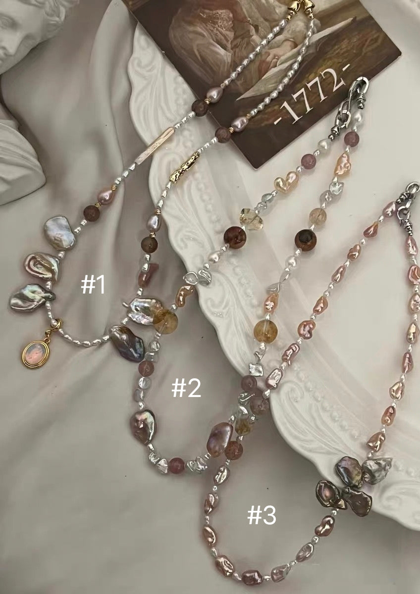 #PN1192 Freshwater Pearl Necklace Fire Quartz Citrine Black Gold Super 7 Strawberry Quartz Opal Removable Pendant Petal Baroque Lustrous