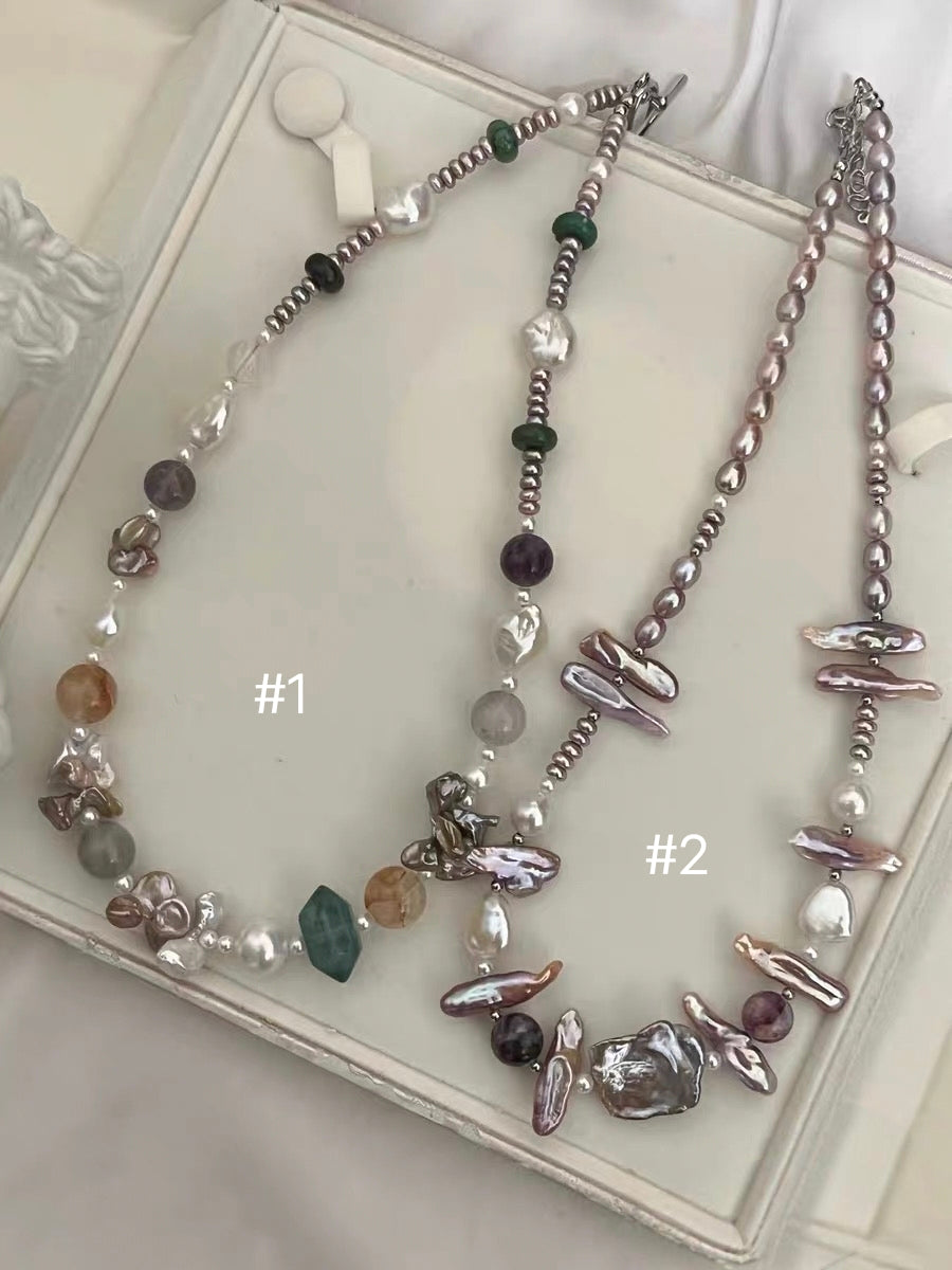 #PN1193 Freshwater Pearl necklace lute baroque lepidolite big petal pearl lustrous 44cm