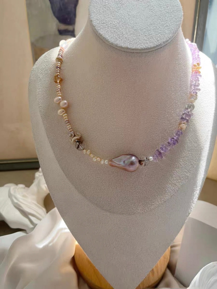 #PN1195 [Floral Series] Freshwater Pearl necklace top-tier fishtail baroque amethyst herkimer citrine rose zircon clasp