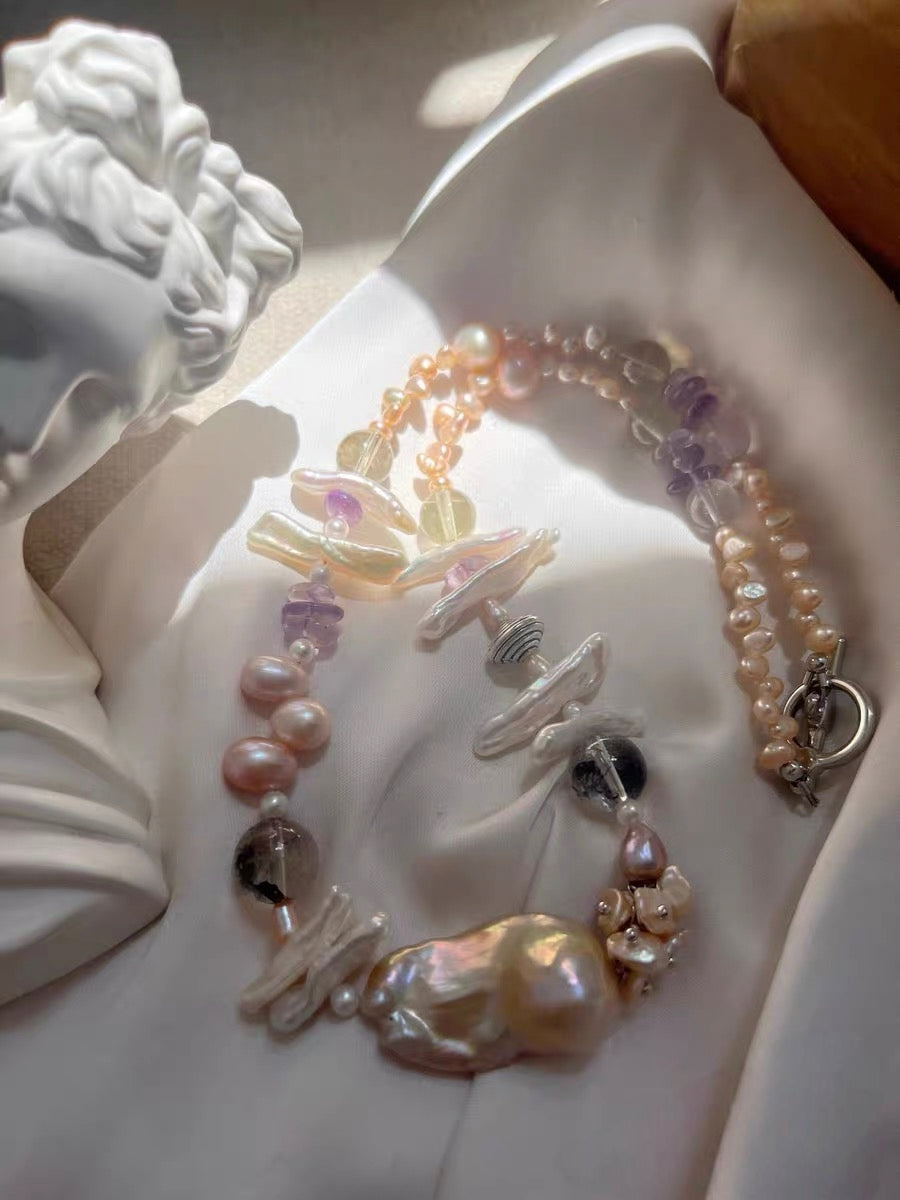 #PN1195 [Floral Series] Freshwater Pearl necklace top-tier fishtail baroque amethyst herkimer citrine rose zircon clasp