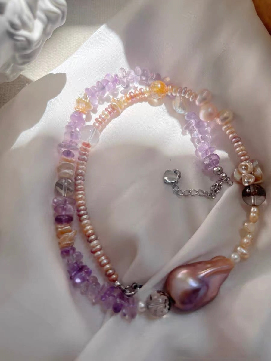 #PN1195 [Floral Series] Freshwater Pearl necklace top-tier fishtail baroque amethyst herkimer citrine rose zircon clasp