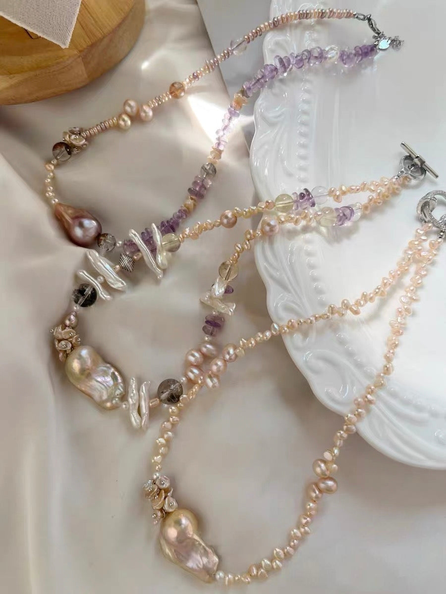 #PN1195 [Floral Series] Freshwater Pearl necklace top-tier fishtail baroque amethyst herkimer citrine rose zircon clasp