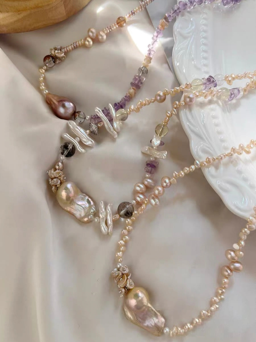 #PN1195 [Floral Series] Freshwater Pearl necklace top-tier fishtail baroque amethyst herkimer citrine rose zircon clasp