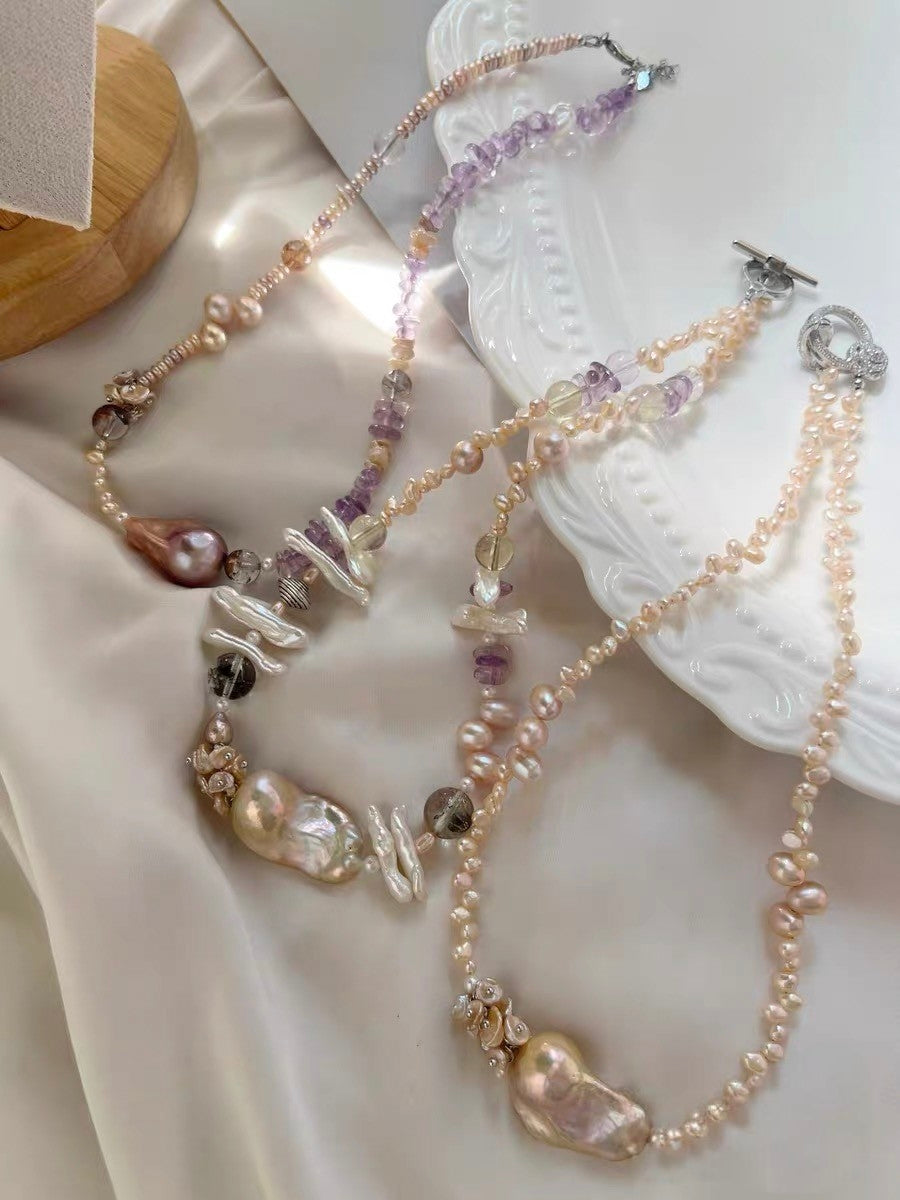 #PN1195 [Floral Series] Freshwater Pearl necklace top-tier fishtail baroque amethyst herkimer citrine rose zircon clasp