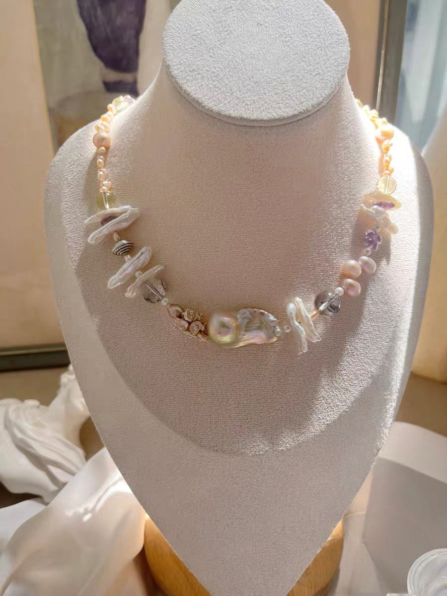 #PN1195 [Floral Series] Freshwater Pearl necklace top-tier fishtail baroque amethyst herkimer citrine rose zircon clasp